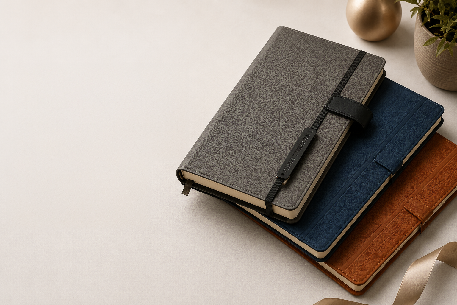 Stacked texture notebooks in grey, navy, and tan with leather clasp